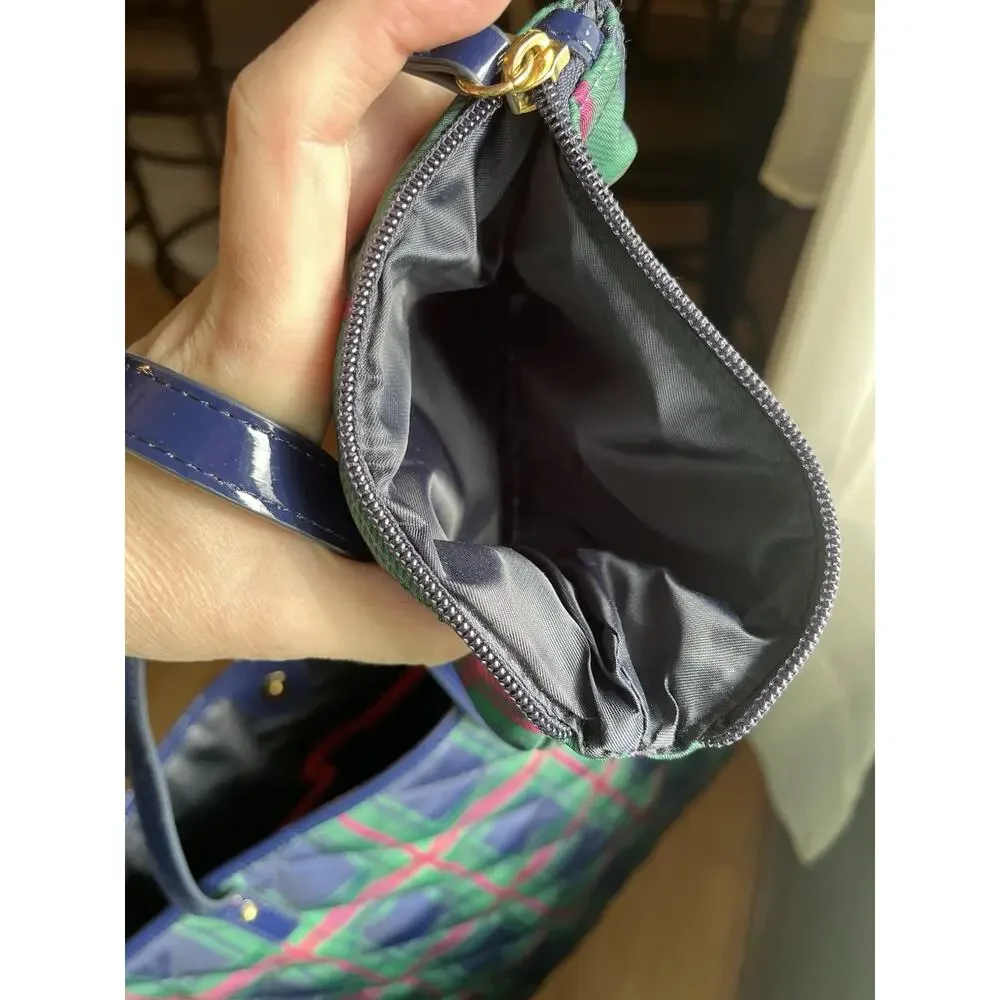 Tommy Hilfiger Tote Plaid Nylon Quilted Handbag Green Blue Purse Small Pouch